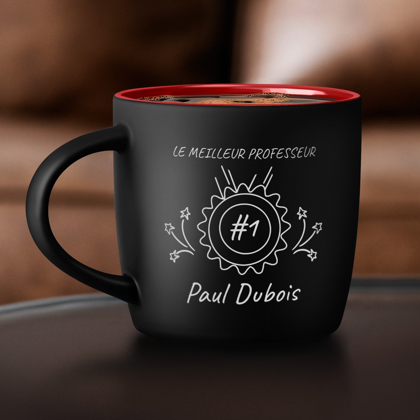 Taza de cerámica Murrano personalizada para profesor (Negra con interior rojo, 400 ml)