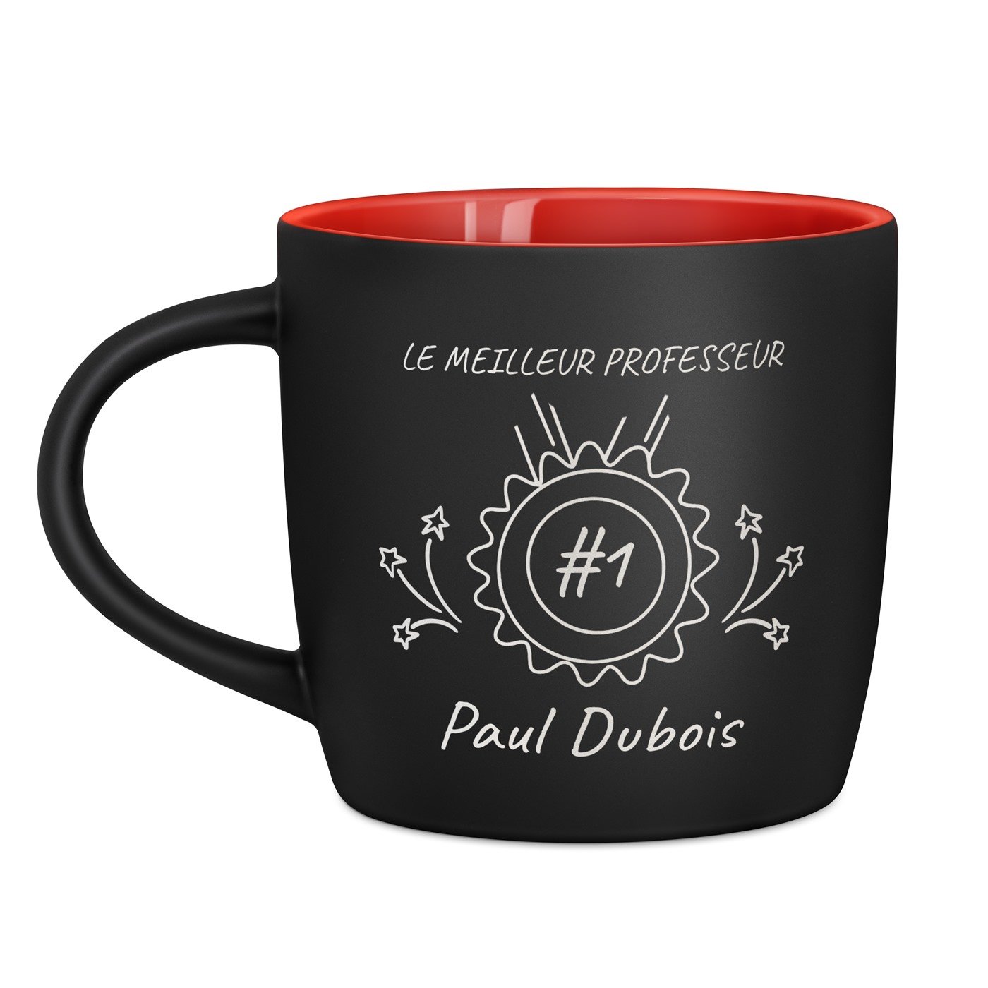 Taza de cerámica Murrano personalizada para profesor (Negra con interior rojo, 400 ml)