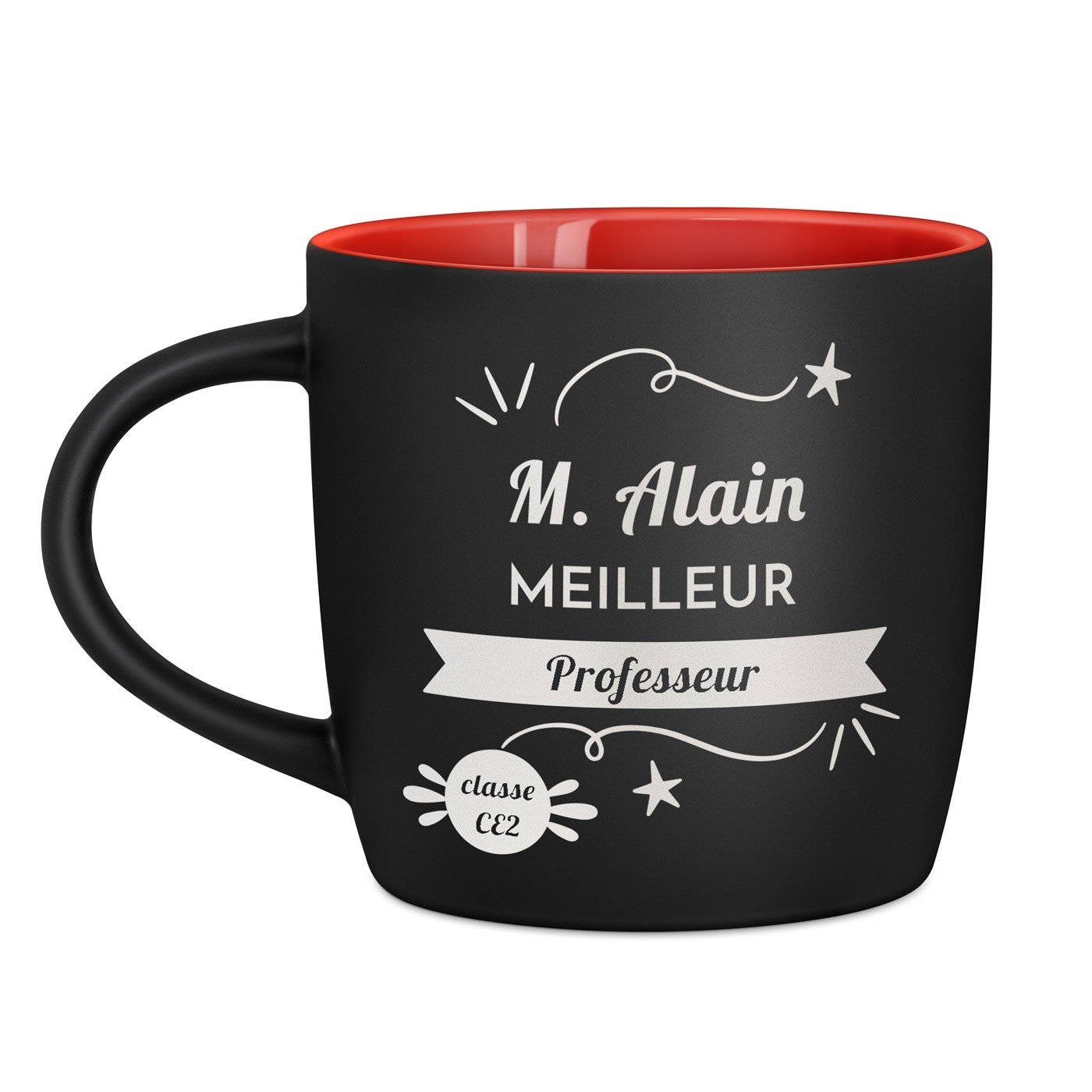 Taza de cerámica Murrano con grabado personalizado para profesor (Negra con interior rojo, 400 ml)