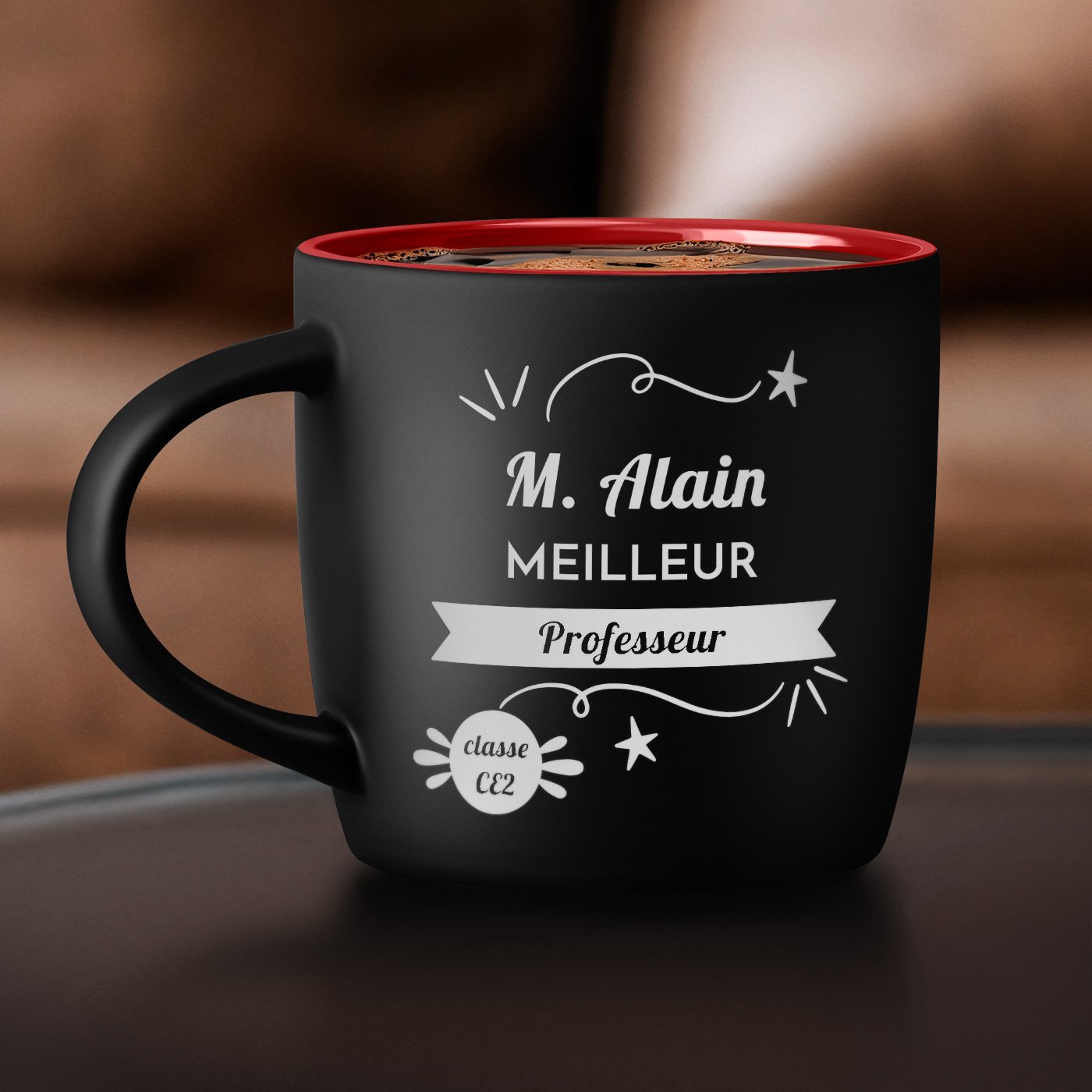 Taza de cerámica Murrano con grabado personalizado para profesor (Negra con interior rojo, 400 ml)