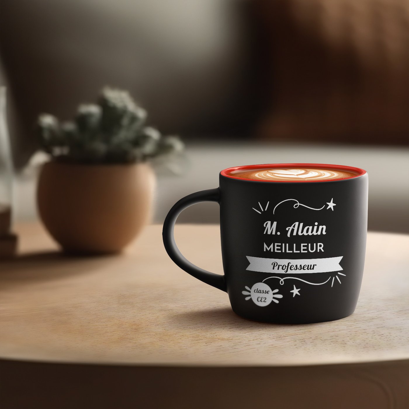 Taza de cerámica Murrano con grabado personalizado para profesor (Negra con interior rojo, 400 ml)
