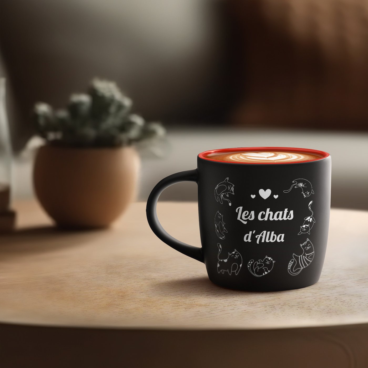 Taza de cerámica negra y roja personalizada de Murrano para una amante de los gatos - Día de San Valentín