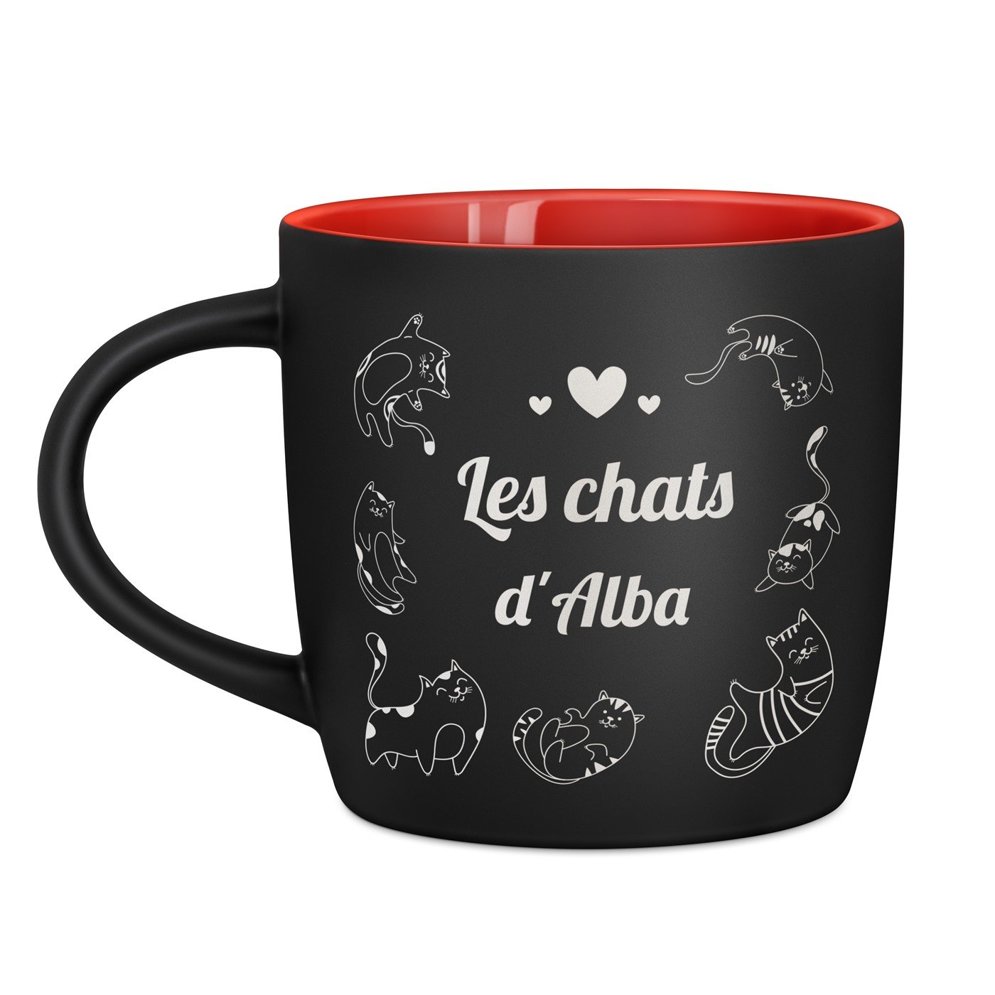 Taza de cerámica negra y roja personalizada de Murrano para una amante de los gatos - Día de San Valentín