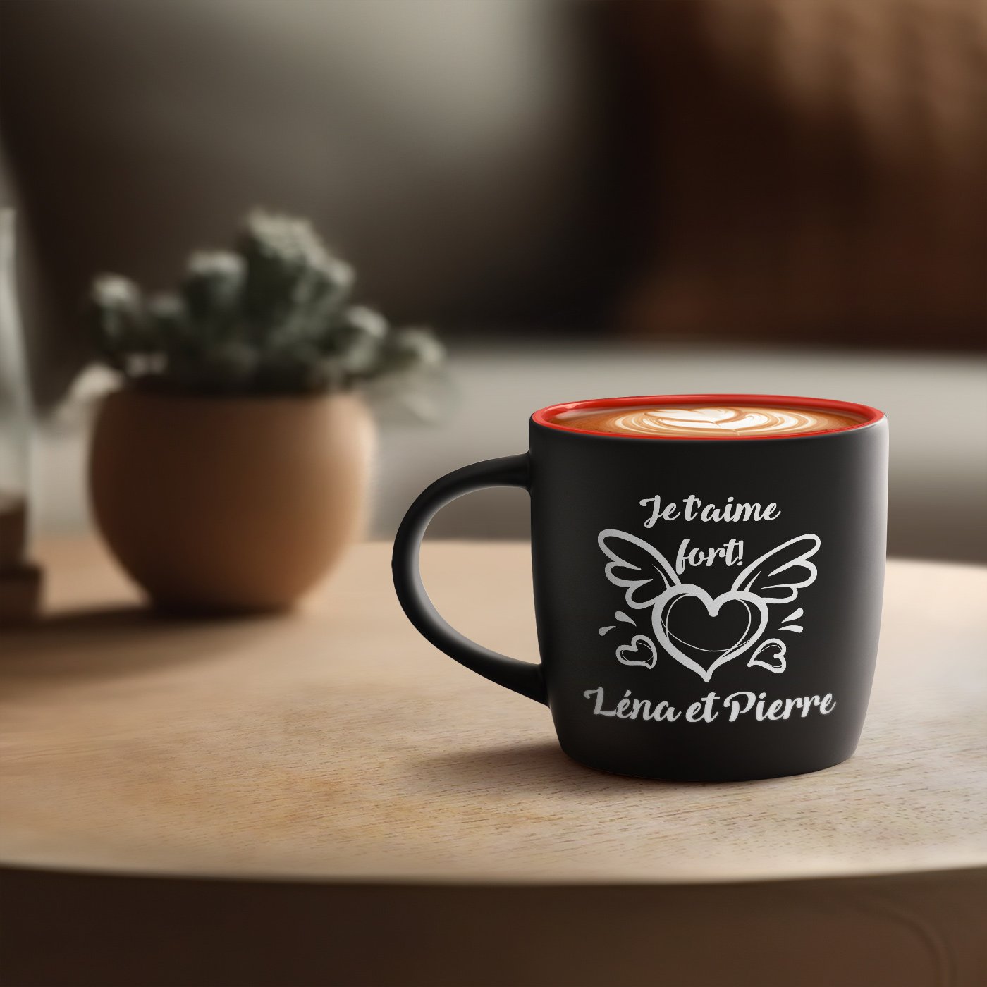 Taza de cerámica negra con interior rojo personalizada para el Día de San Valentín