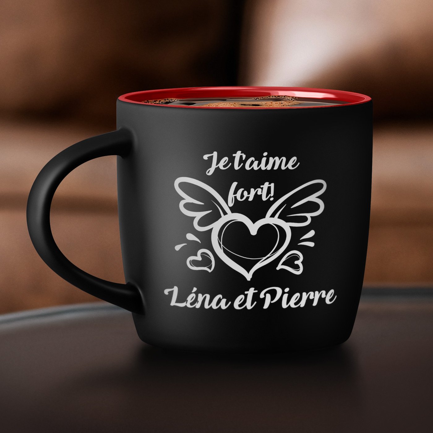 Taza de cerámica negra con interior rojo personalizada para el Día de San Valentín