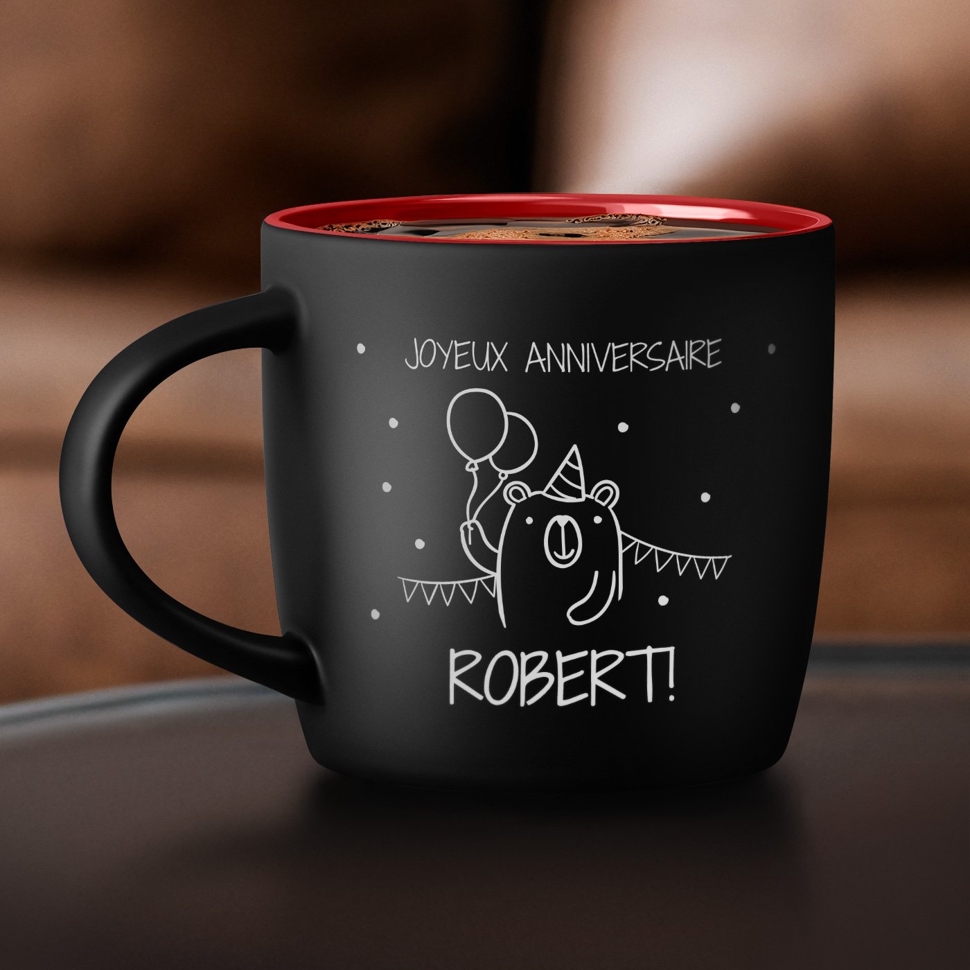 Taza de cerámica negra y roja Murrano con personalización para el cumpleaños de su hijo