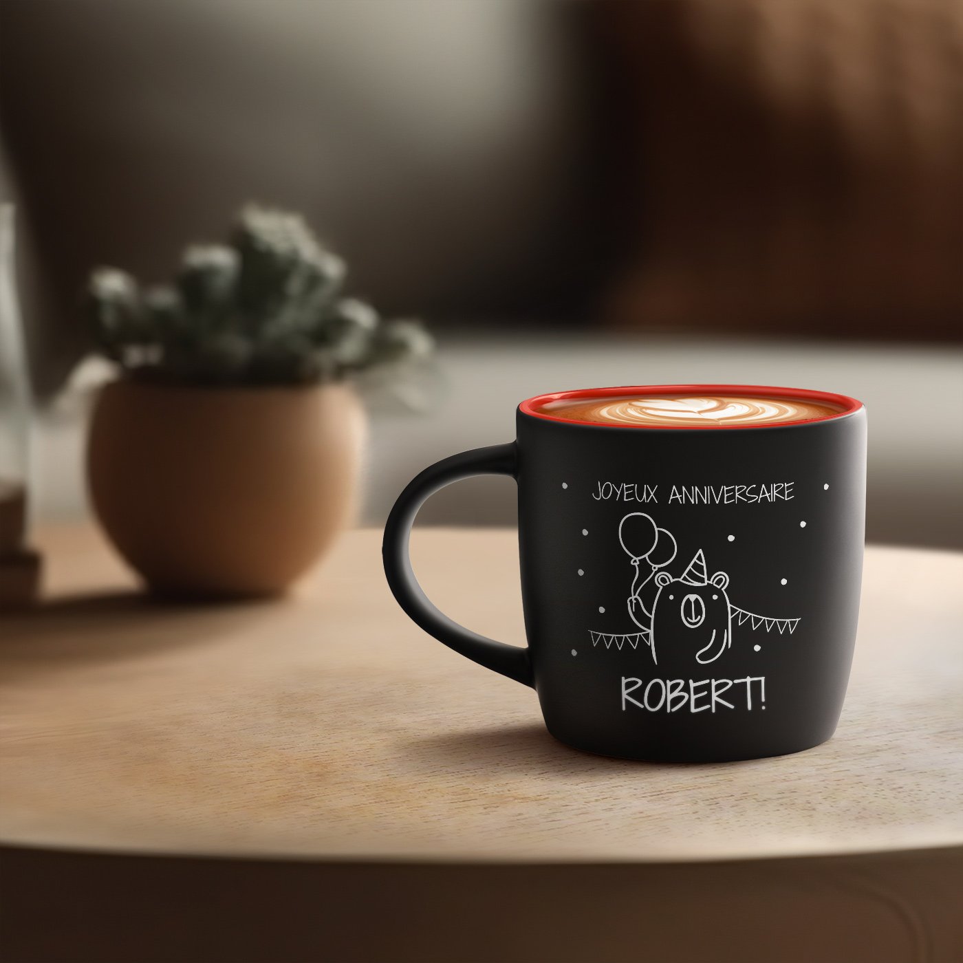 Taza de cerámica negra y roja Murrano con personalización para el cumpleaños de su hijo