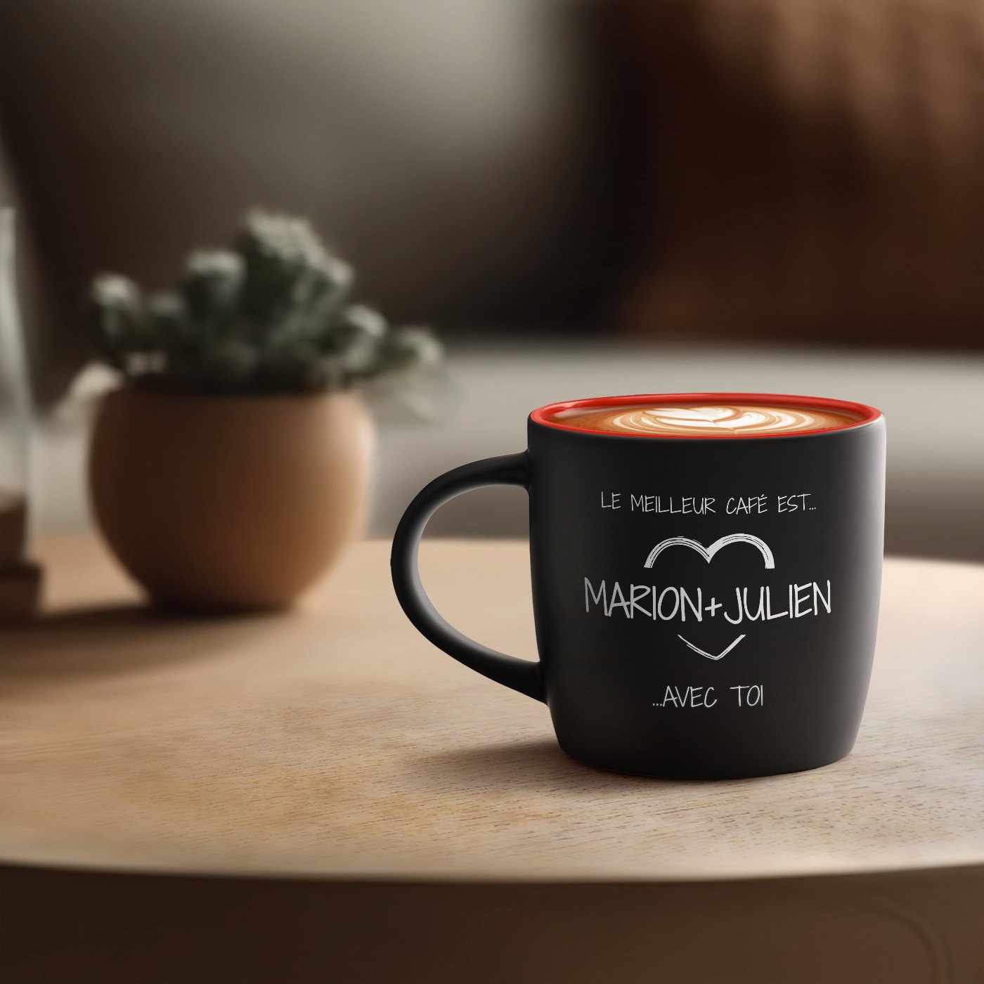 Taza de cerámica personalizada negra y roja Murrano para parejas