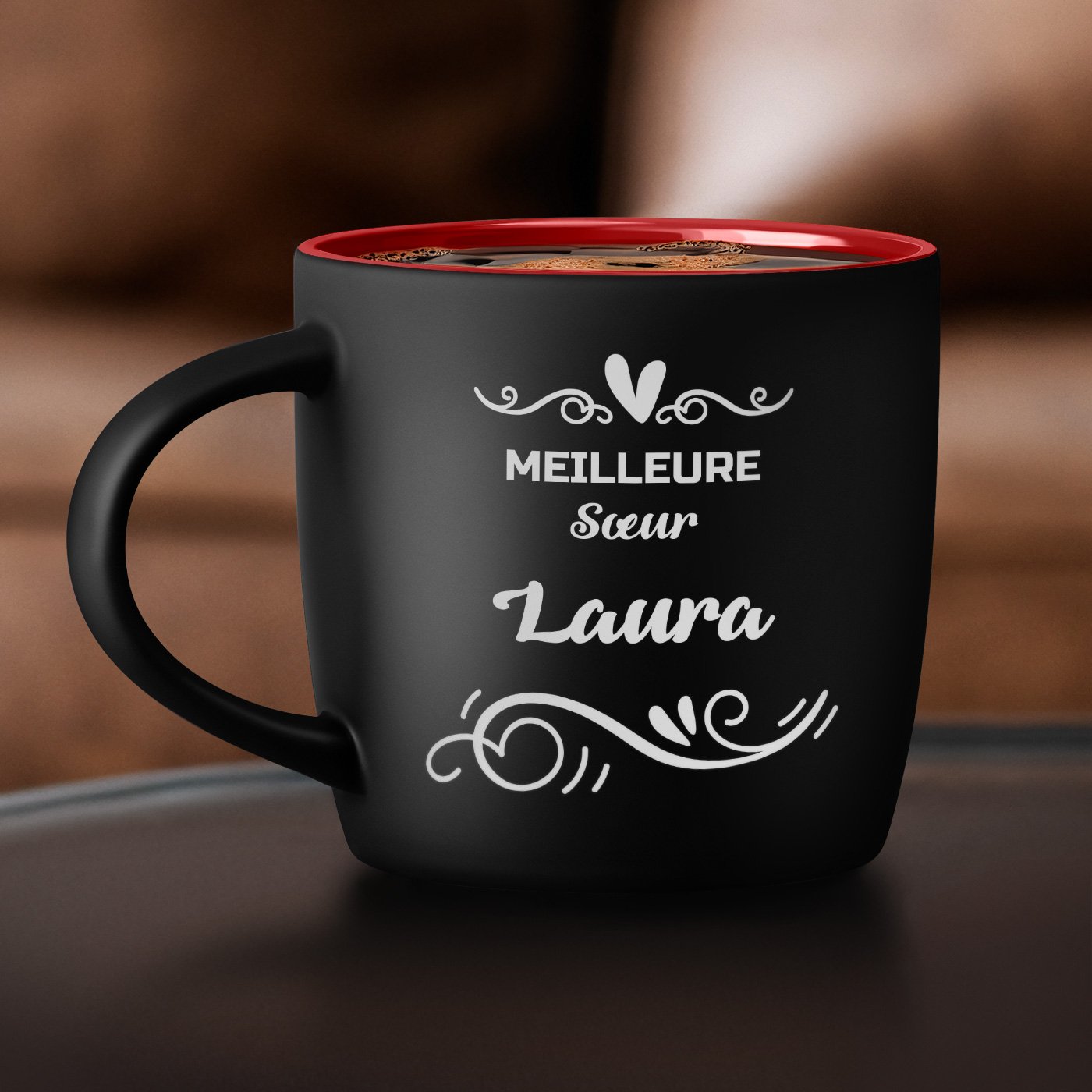 Murrano Black and Red Ceramic Mug with Personalization for Sister's Birthday