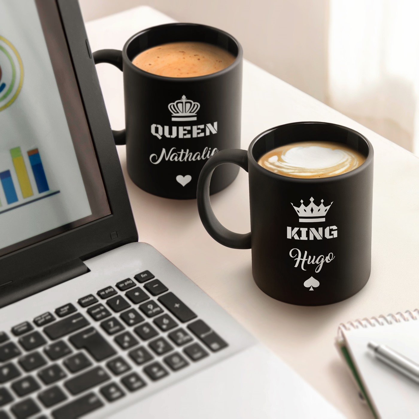 Murrano Personalized Ceramic Mug Set for Couple, Queen and King