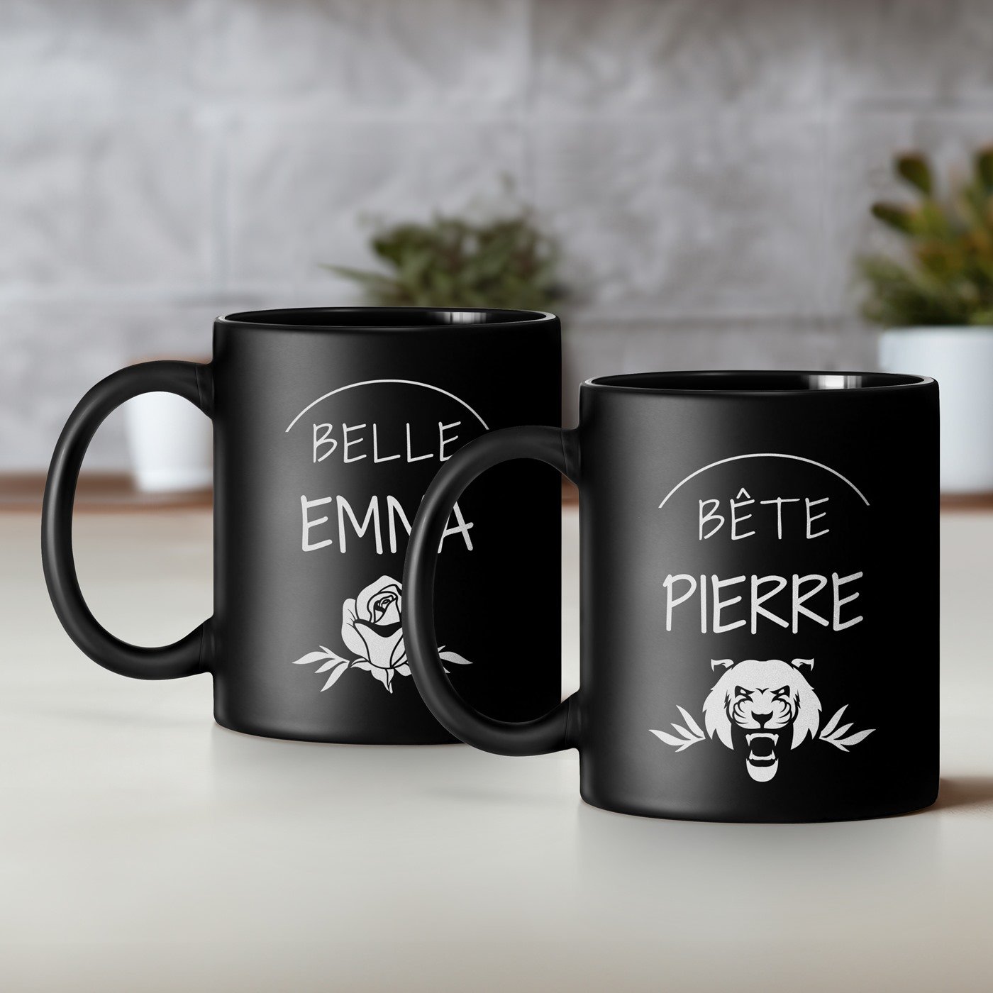 Set de tazas de cerámica personalizadas para pareja, negro con grabado personal