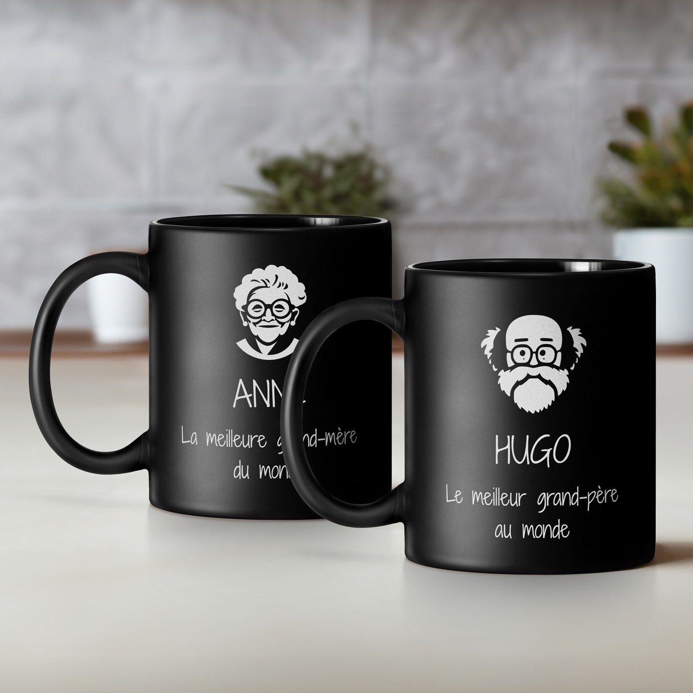 Set de 2 tazas de cerámica negra personalizadas Murrano para los abuelos, aniversario de boda