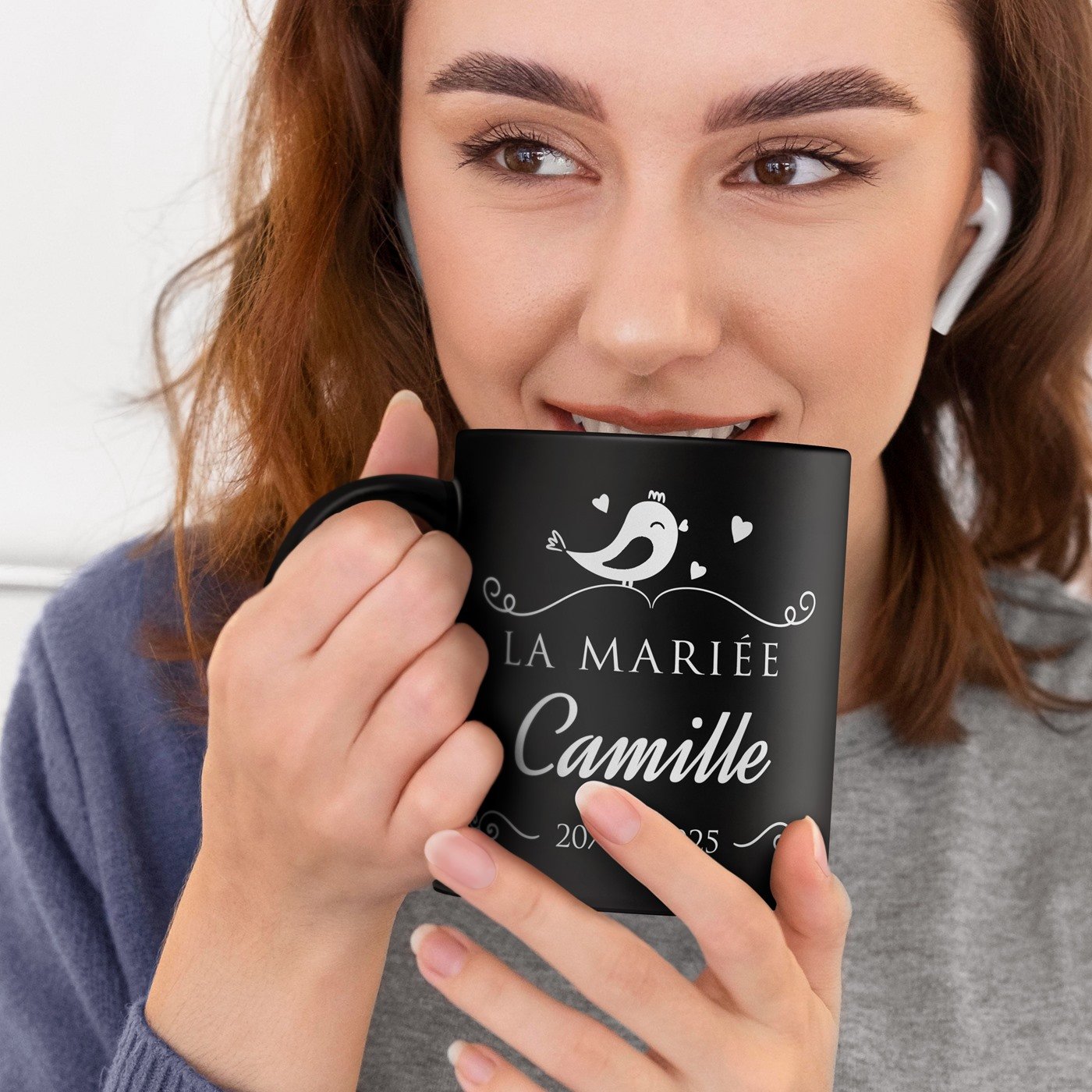 Set de tazas de cerámica negra personalizadas para pareja de aves de boda Murrano