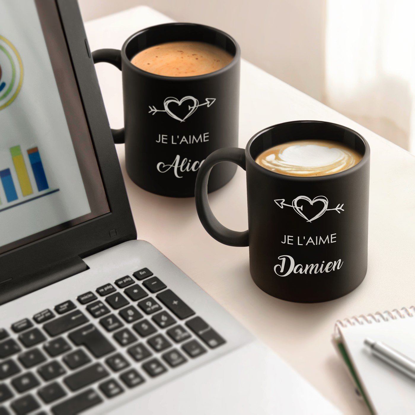 Set de tazas de cerámica personalizadas Murrano para pareja, diseño de corazón - Negro