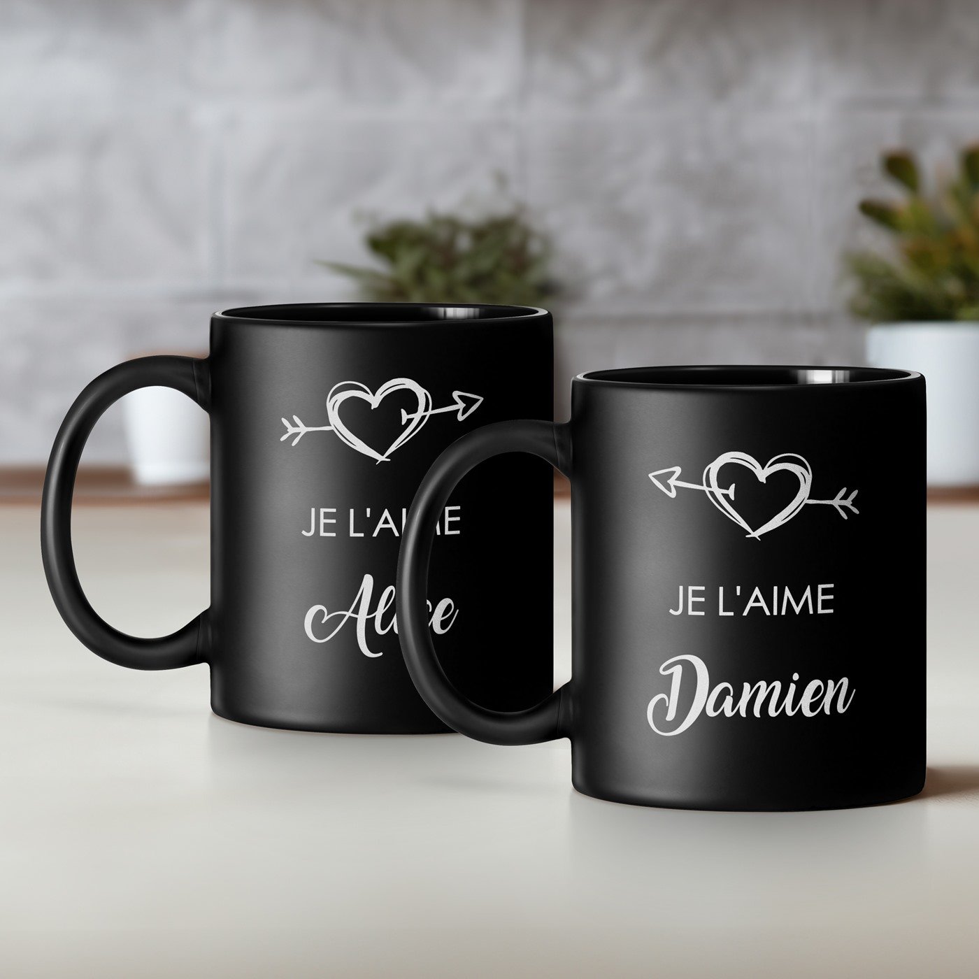 Set de tazas de cerámica personalizadas Murrano para pareja, diseño de corazón - Negro