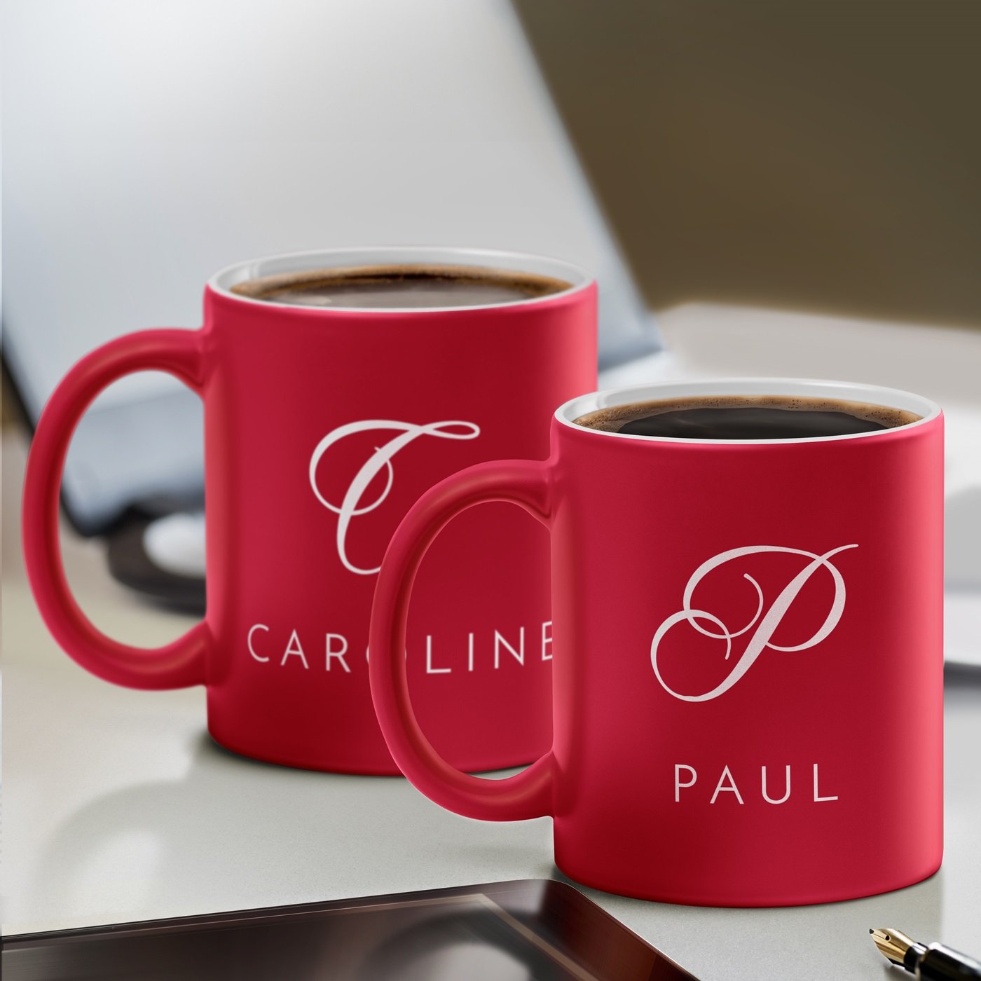Set de tazas de café Murrano de cerámica roja y blanca personalizado para parejas