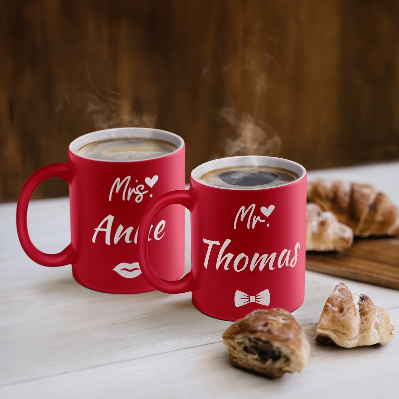 Murrano Red Ceramic Mugs with White Base and Personalized Engraving for Couple - Mr & Mrs - Valentine's Day