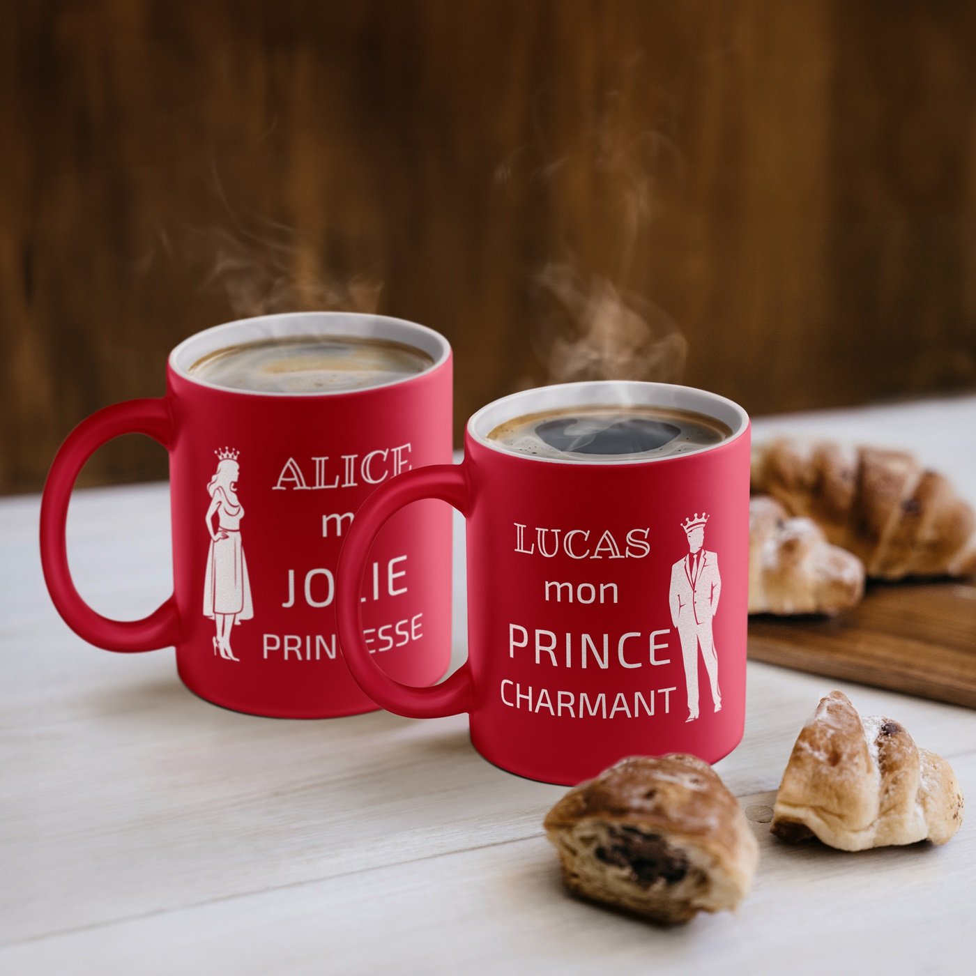 Set de tazas de cerámica roja Murrano para pareja - Regalo personalizado de cuento de hadas para boda