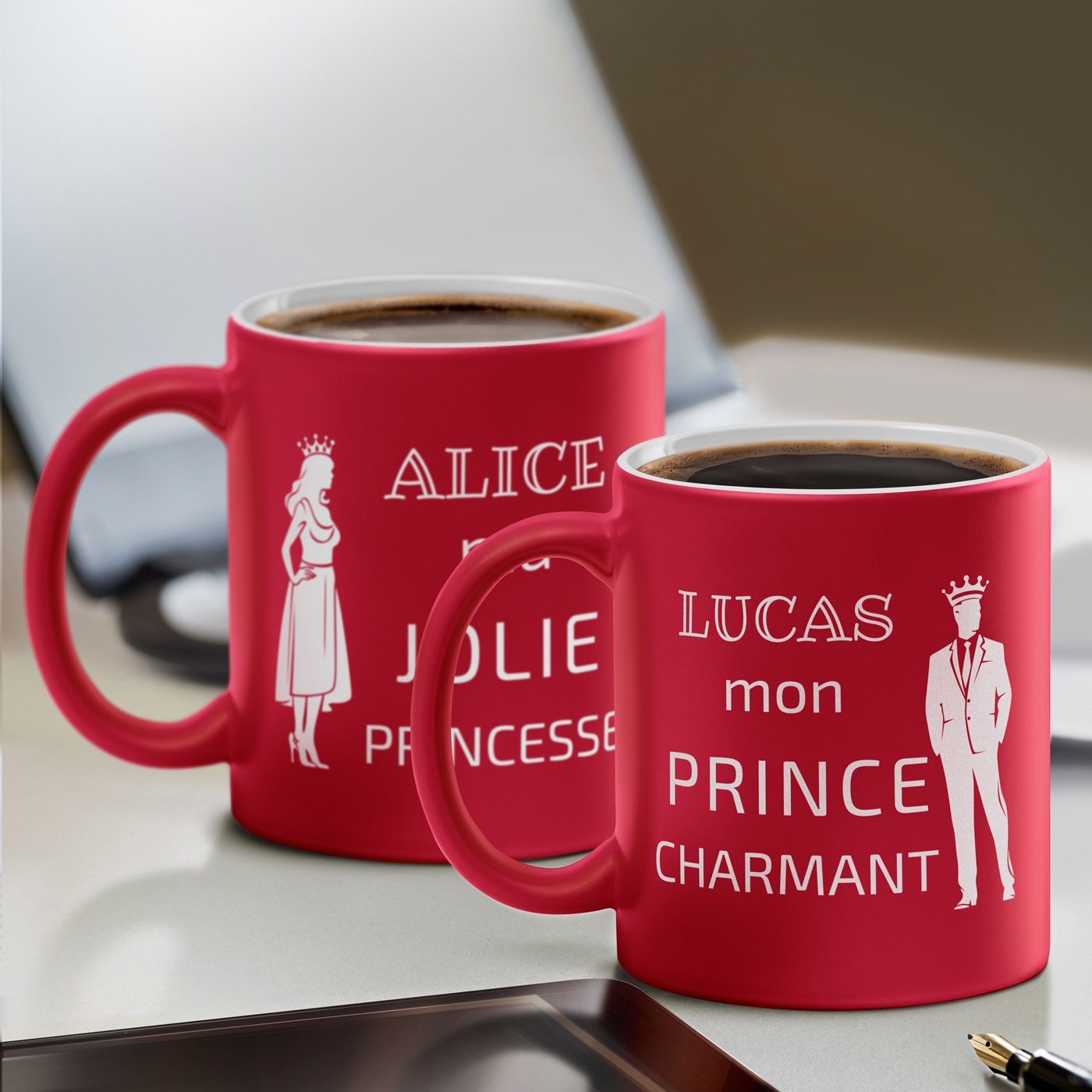 Set de tazas de cerámica roja Murrano para pareja - Regalo personalizado de cuento de hadas para boda