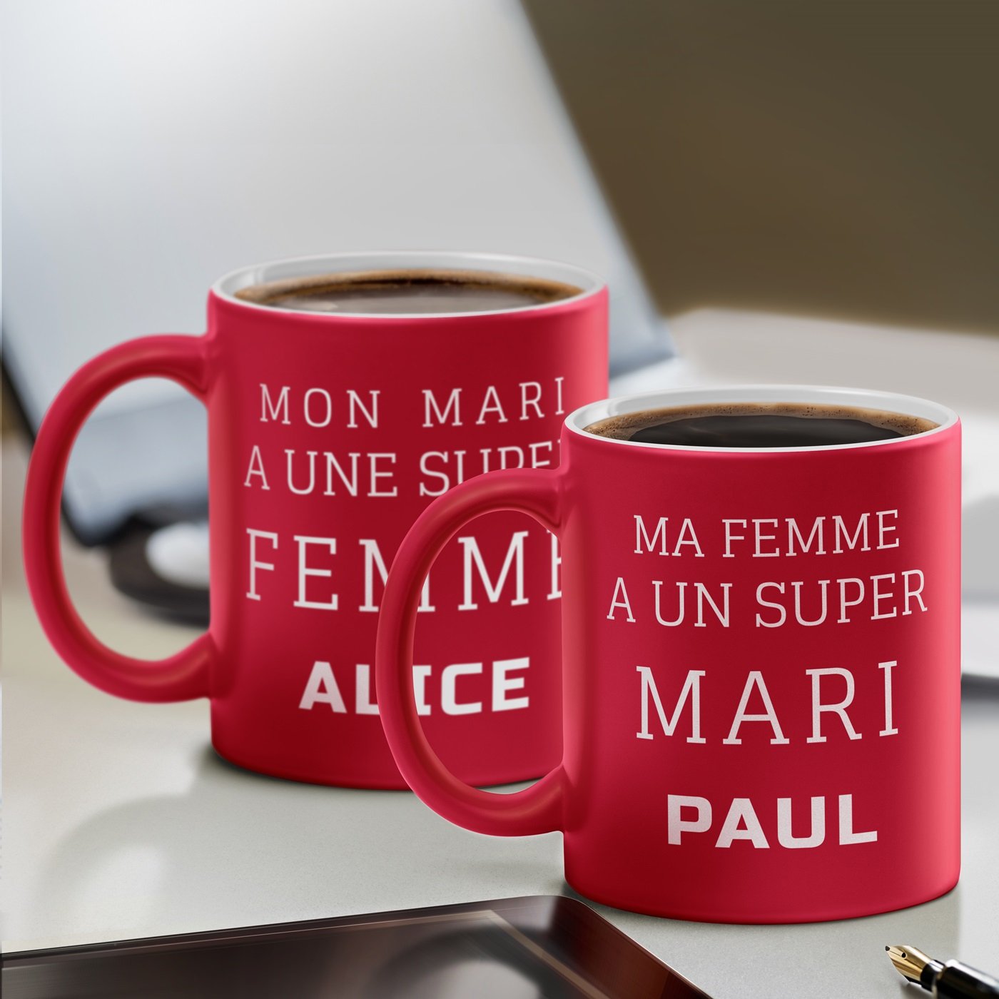 Set de tazas de cerámica roja Murrano para pareja - Regalo personalizado para boda y Día de San Valentín