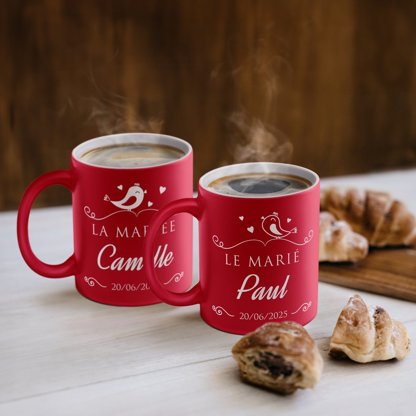 Murrano Red Ceramic Mugs Set with White Base and Customization for Couple Wedding