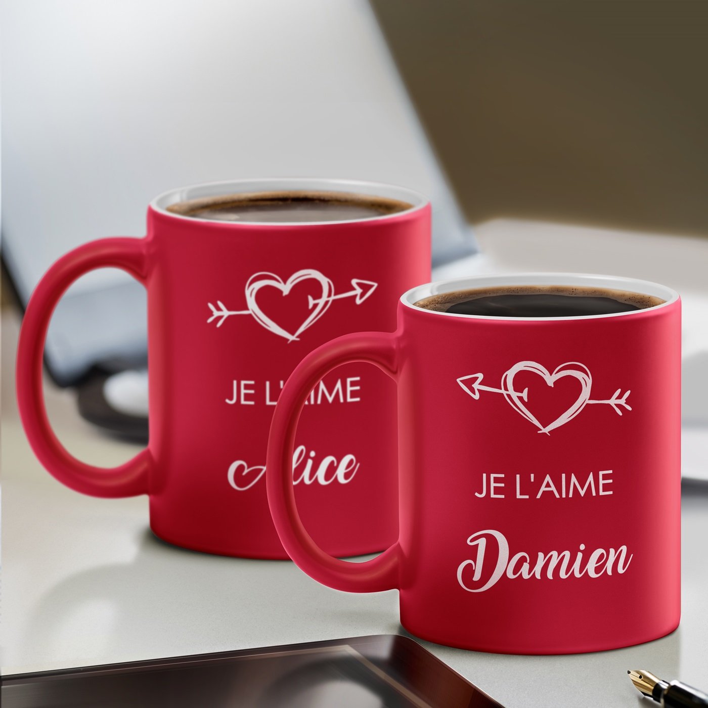 Set de tazas de cerámica Murrano - Corazones rojos personalizados para pareja