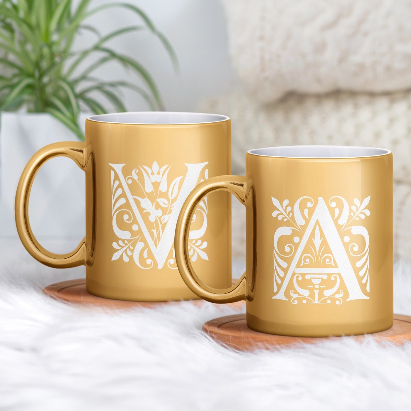 Set de tazas de cerámica dorada Murrano con iniciales personalizadas para pareja - Regalo de aniversario de boda