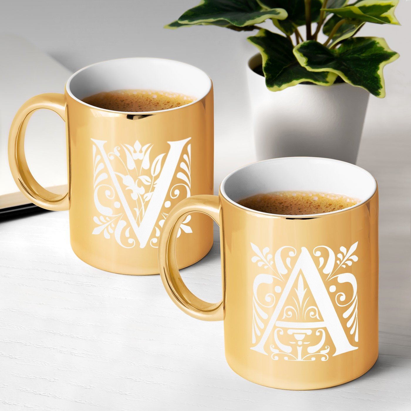 Set de tazas de cerámica dorada Murrano con iniciales personalizadas para pareja - Regalo de aniversario de boda