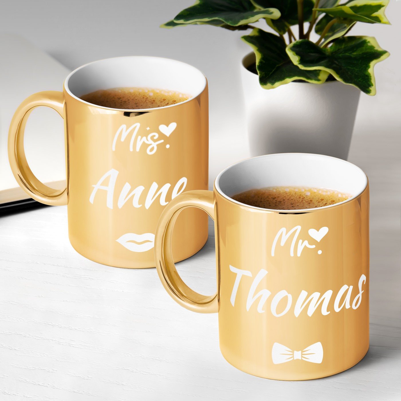 Set de tazas de cerámica dorada Murrano para pareja (Él y Ella)