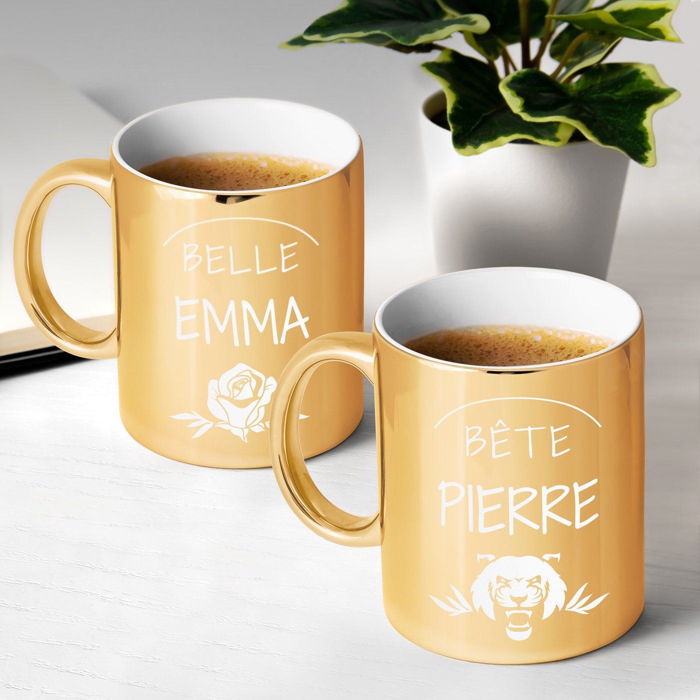 Set de tazas de cerámica dorada Murrano para él y ella - Bella y la Bestia