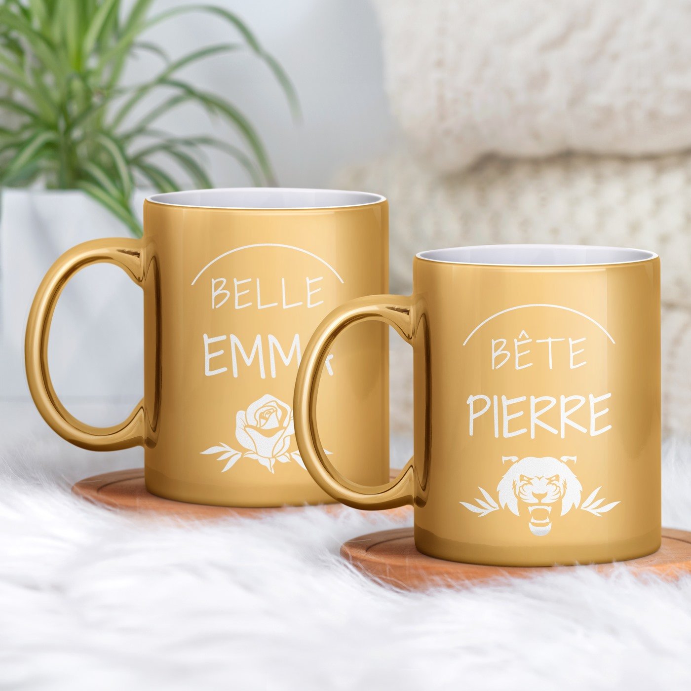 Set de tazas de cerámica dorada Murrano para él y ella - Bella y la Bestia