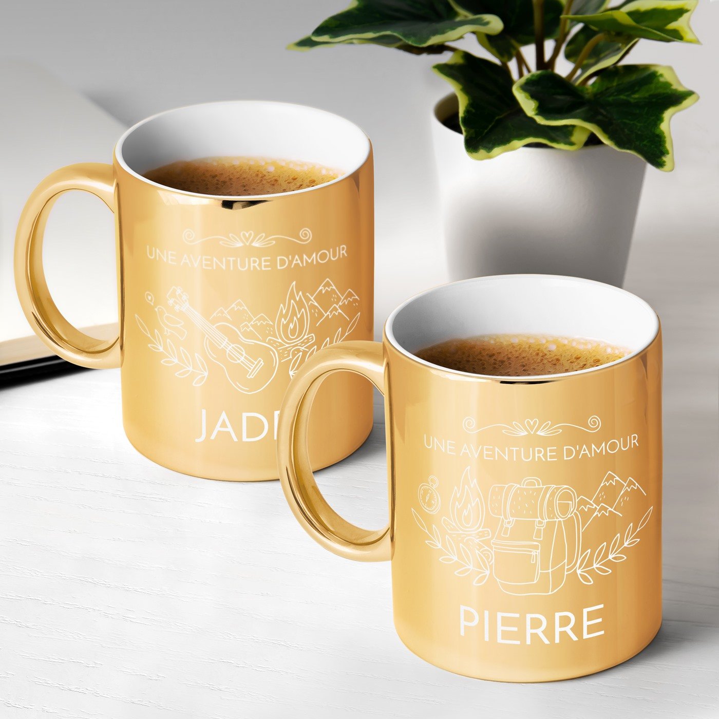 Set de tazas de cerámica dorada Murrano para pareja de guitarristas viajeros