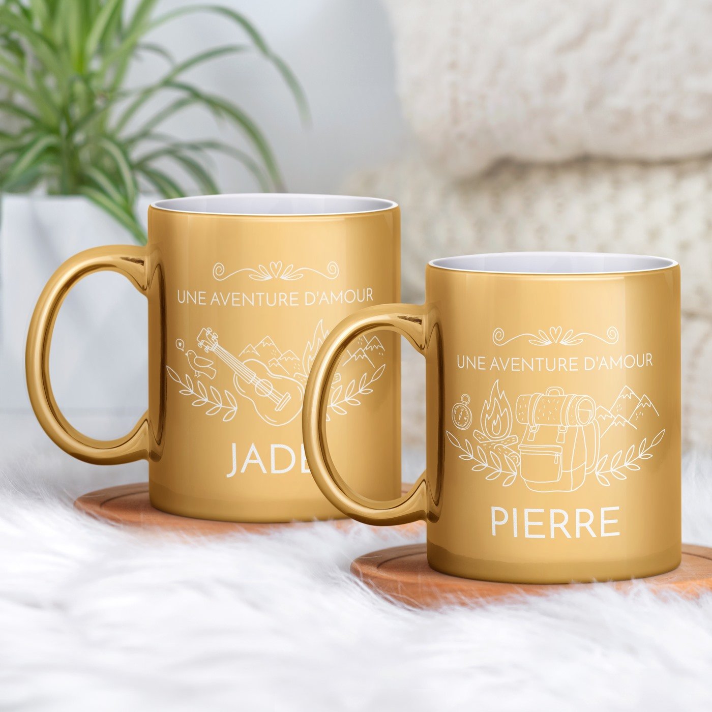 Set de tazas de cerámica dorada Murrano para pareja de guitarristas viajeros