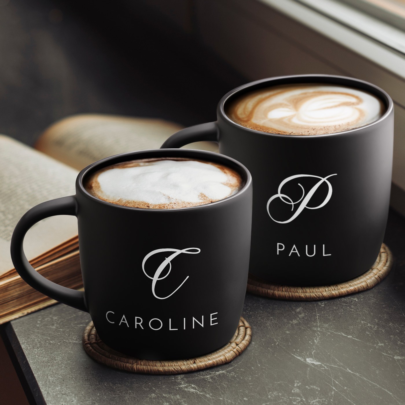 Murrano Black Ceramic Mug Set with Laser Engraving for Wedding Anniversary