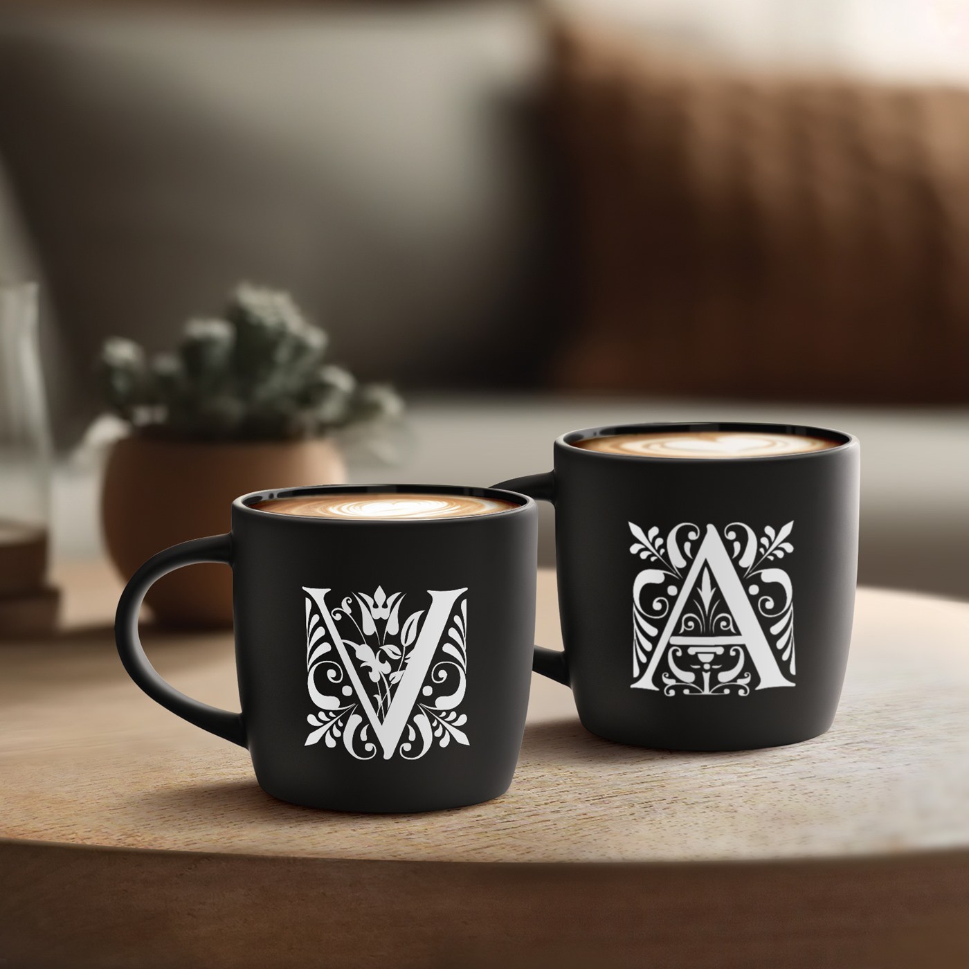 Murrano Black Ceramic Mug Set with Laser Engraved Initials for Couple's Anniversary