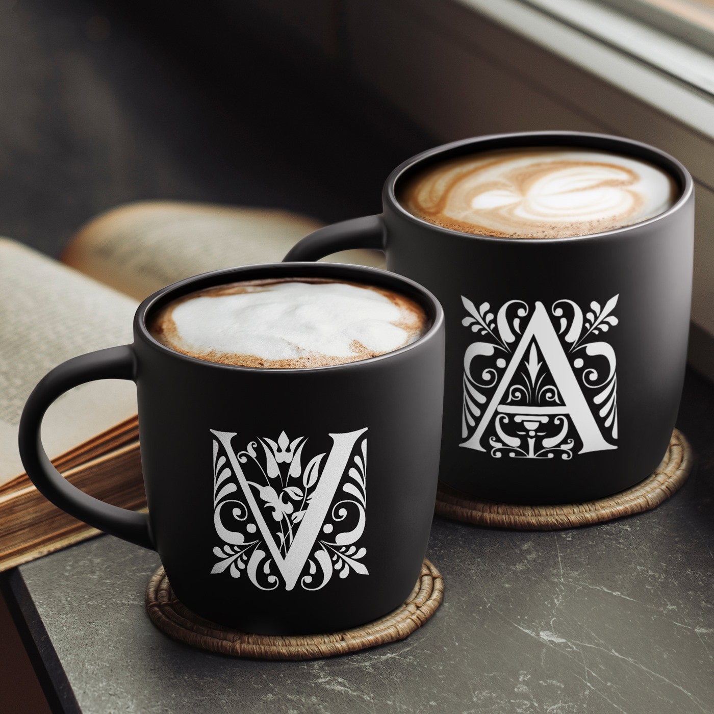 Murrano Black Ceramic Mug Set with Laser Engraved Initials for Couple's Anniversary