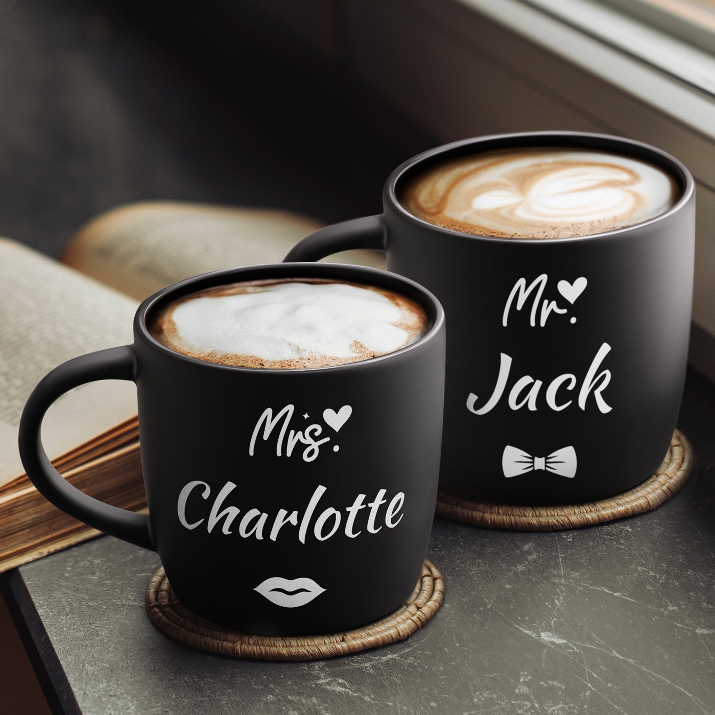 Set de tazas de cerámica negra Murrano para aniversario de boda