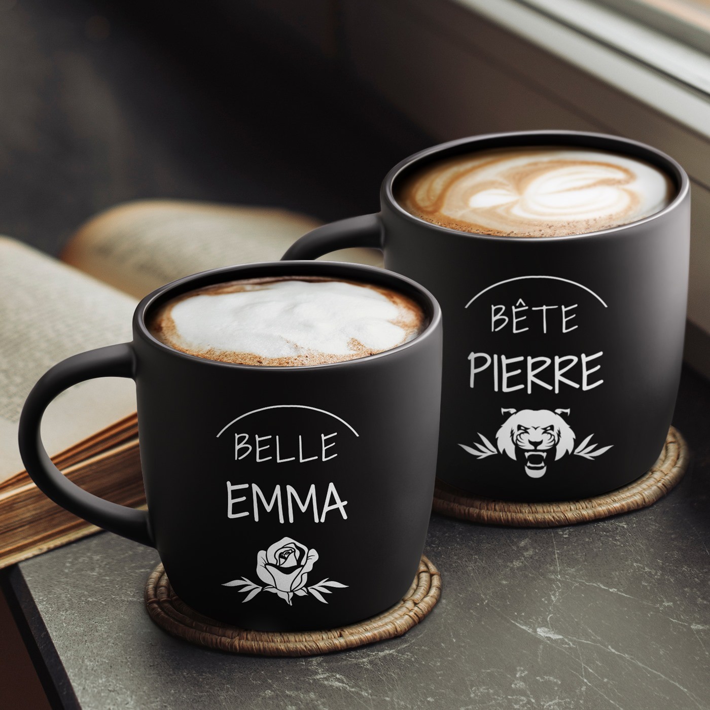Murrano Black Ceramic Mug Set with Laser Engraving for Couple's Anniversary