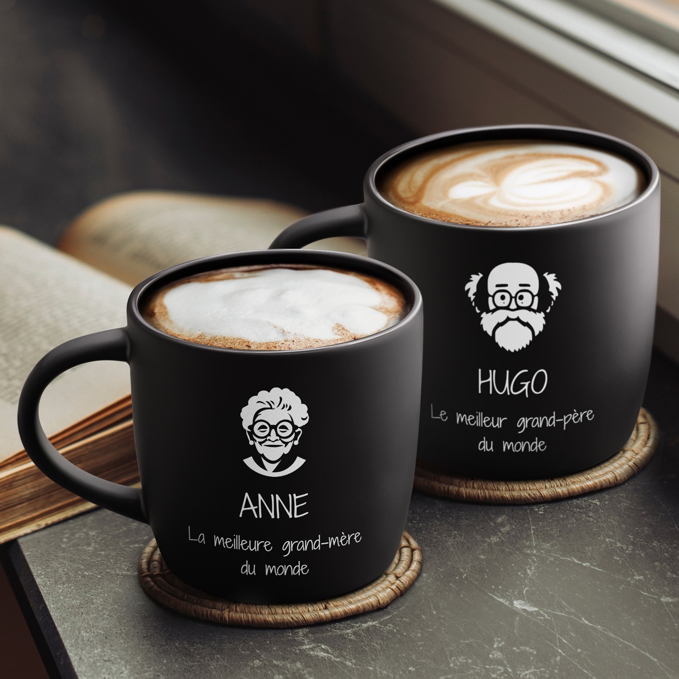 Set de tazas de cerámica negra Murrano con grabado para el aniversario de los abuelos