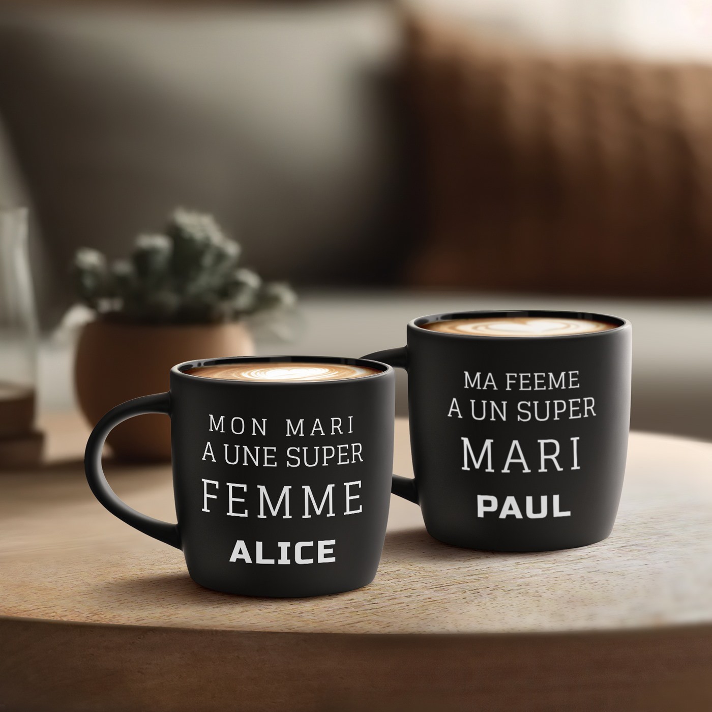 Set de tazas cerámicas personalizadas Murrano para pareja - 'Super Marido Super Mujer' Tazas grabadas negras