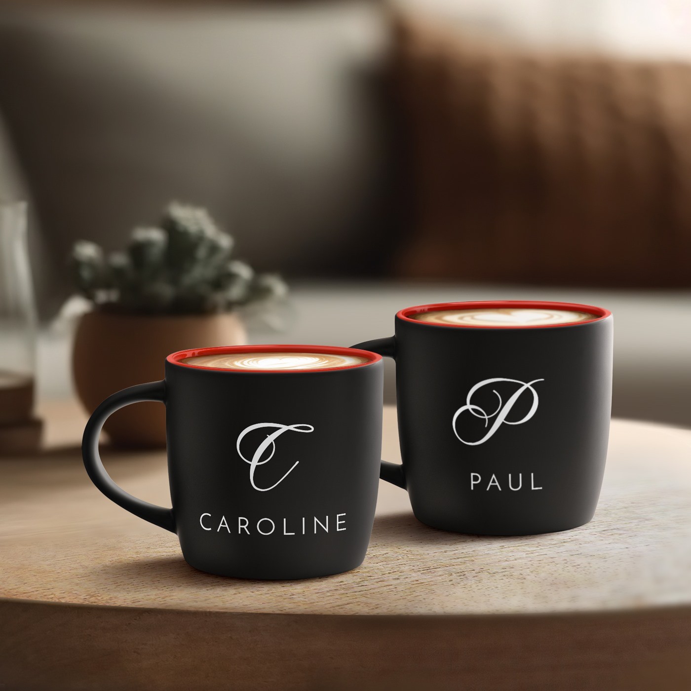 Set de tazas de cerámica negra y roja Murrano para pareja - Grabado personalizado para boda