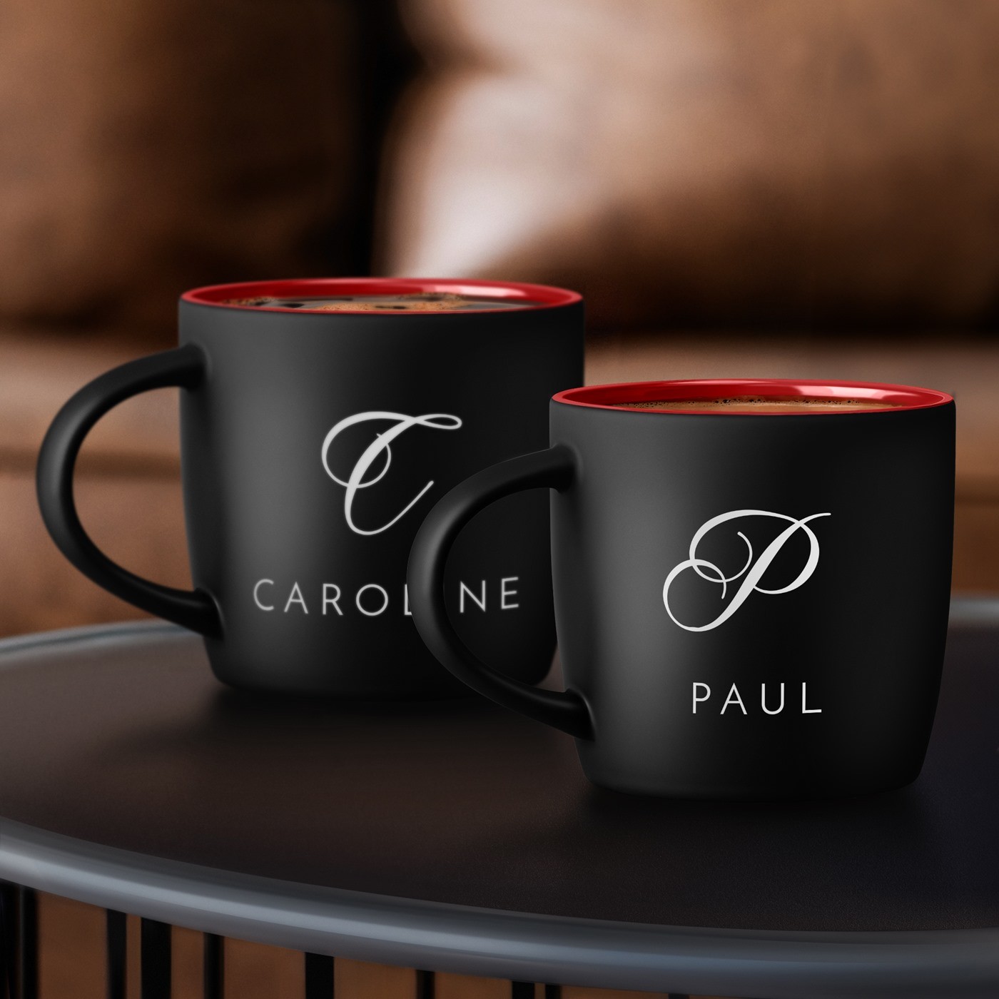 Set de tazas de cerámica negra y roja Murrano para pareja - Grabado personalizado para boda