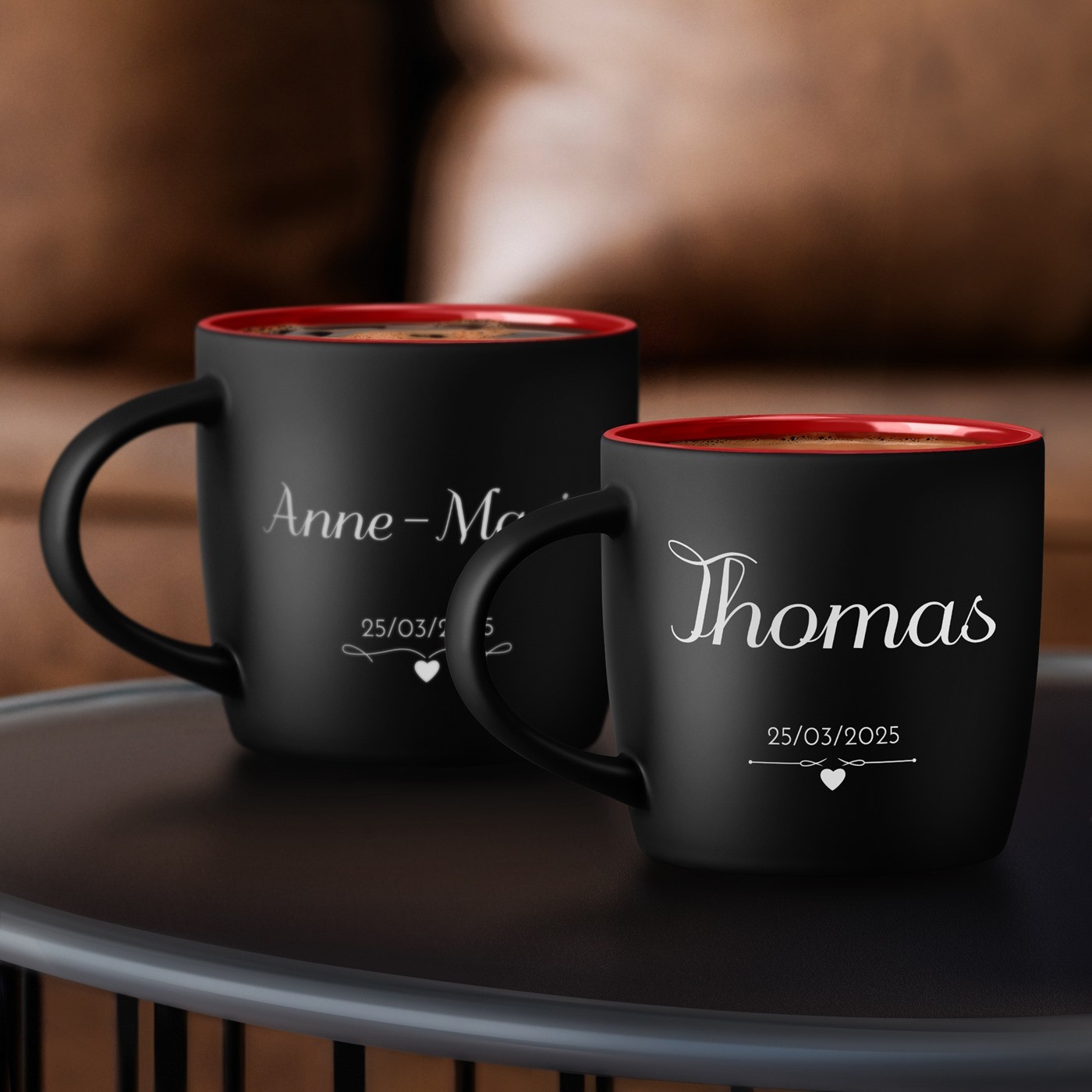 Set de tazas de cerámica personalizadas Murrano para pareja boda - Negro y rojo