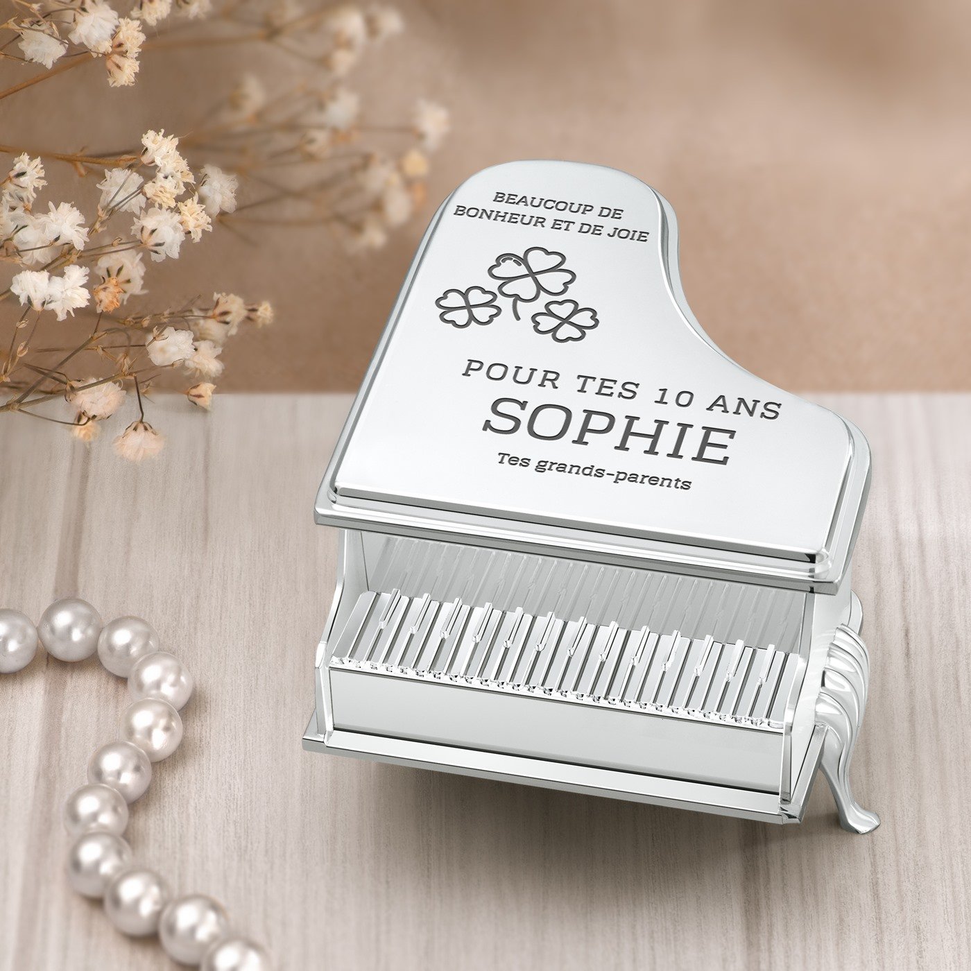 Caja de joyas personalizada en forma de piano Murrano para el décimo cumpleaños de una nieta