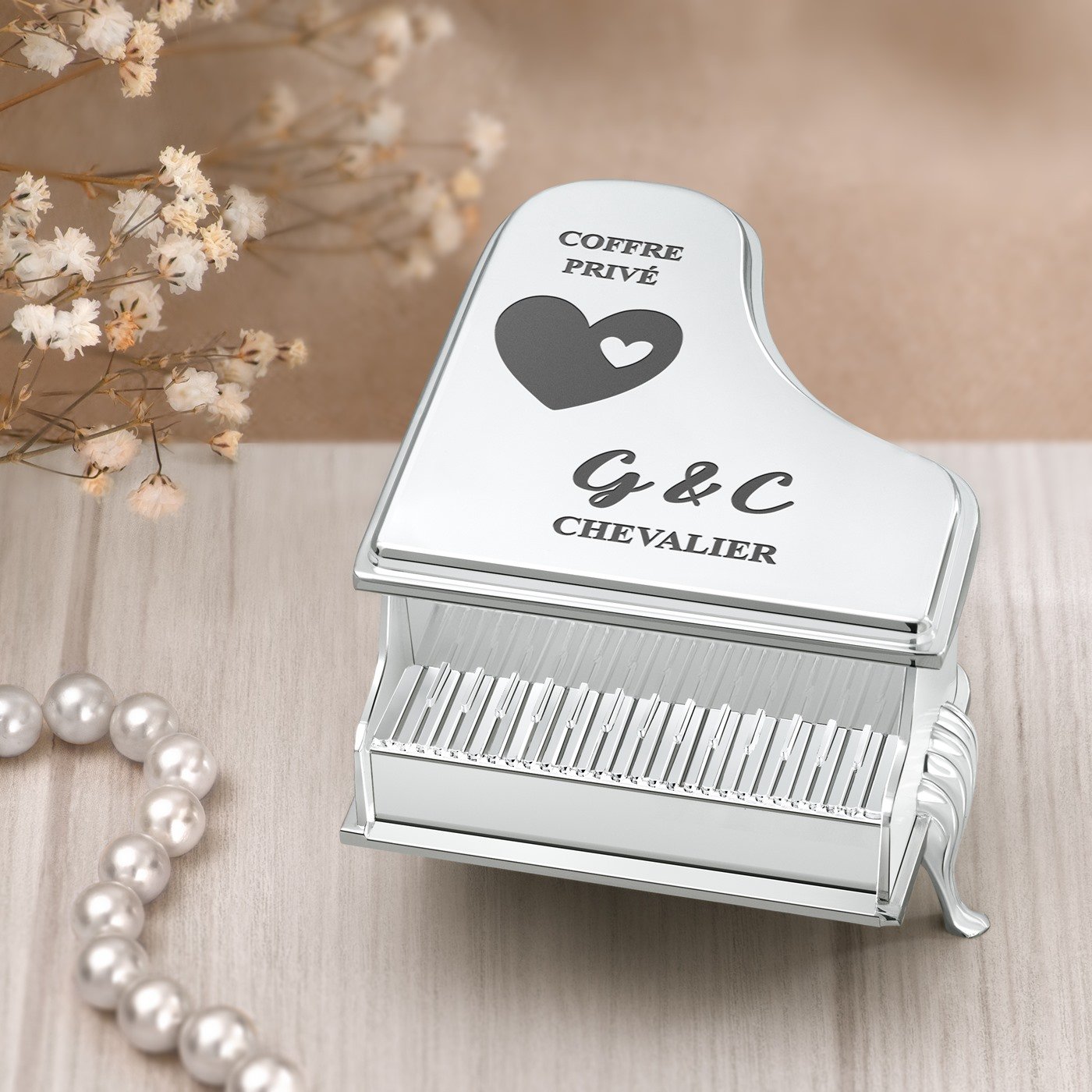 Caja de joyas personalizada en forma de piano Murrano para una pareja