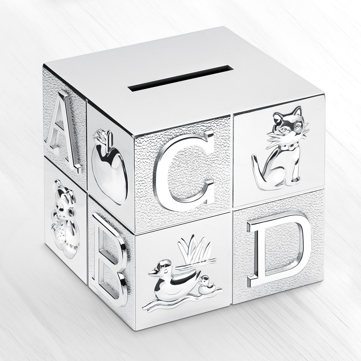 Tirelire argentée Cube Murrano avec personnalisation pour garçon