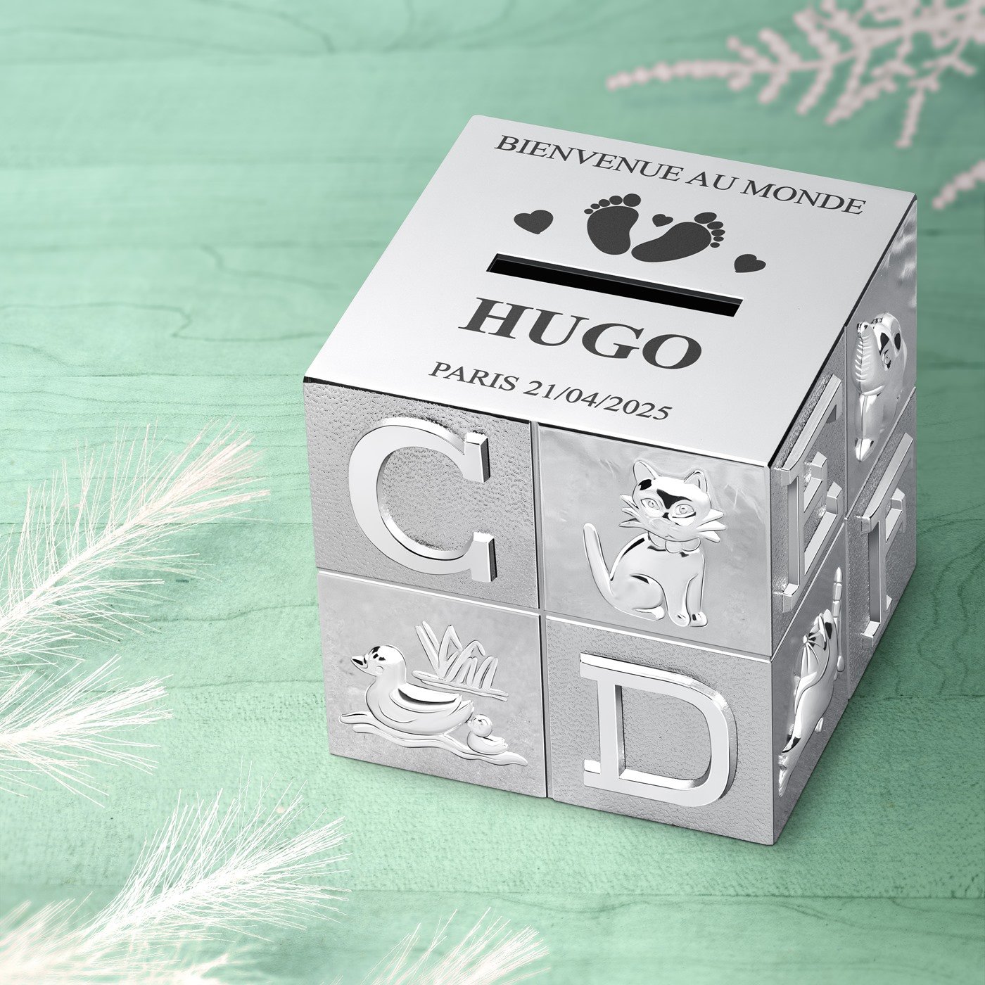Tirelire argentée Cube Murrano avec personnalisation pour garçon