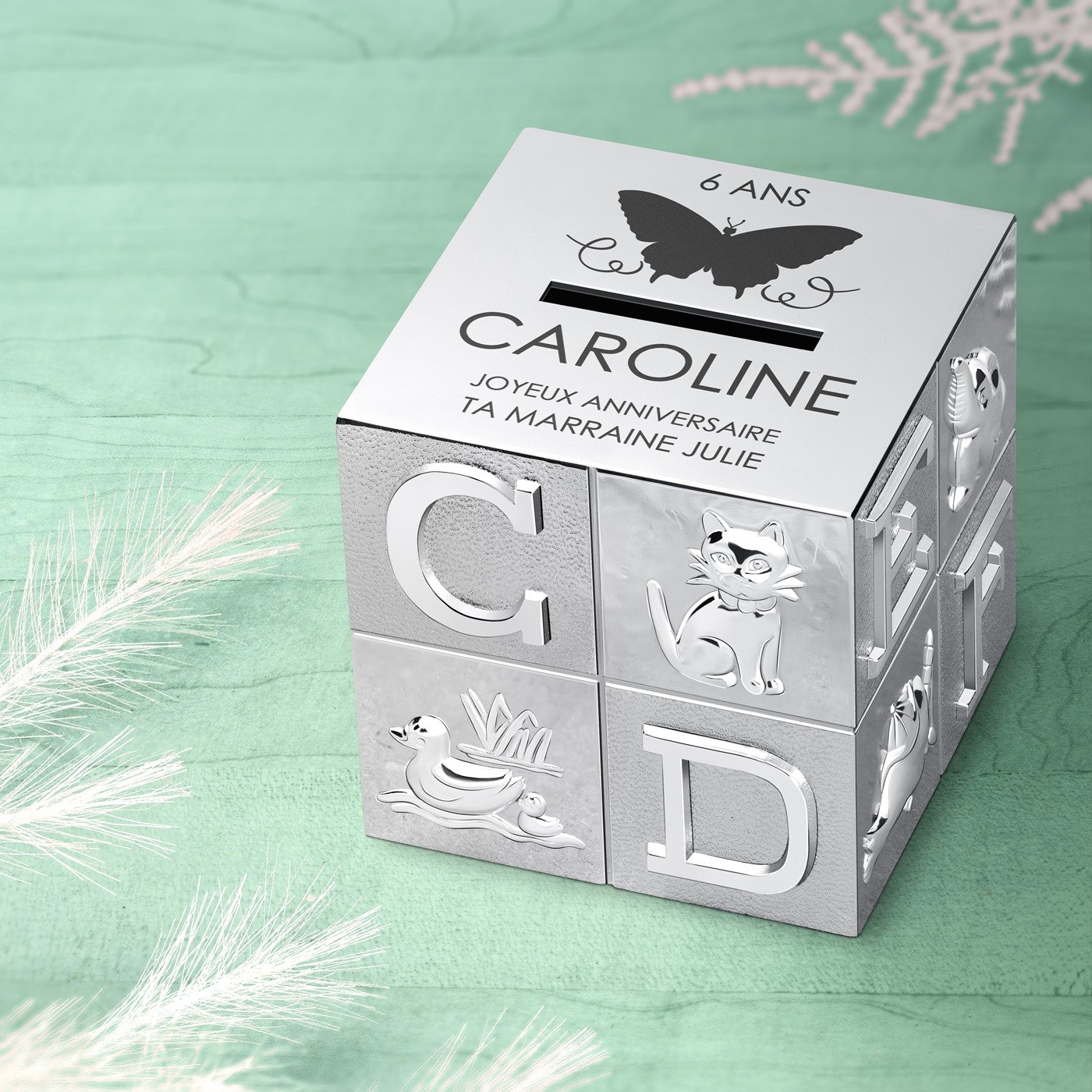 Caja de ahorros en forma de cubo de plata Murrano con personalización para ahijada