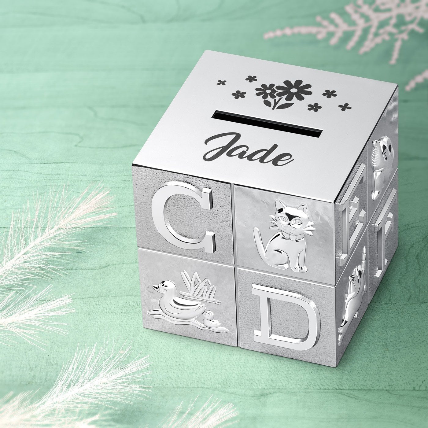 Tirelire argentée Cube Murrano avec personnalisation pour fille