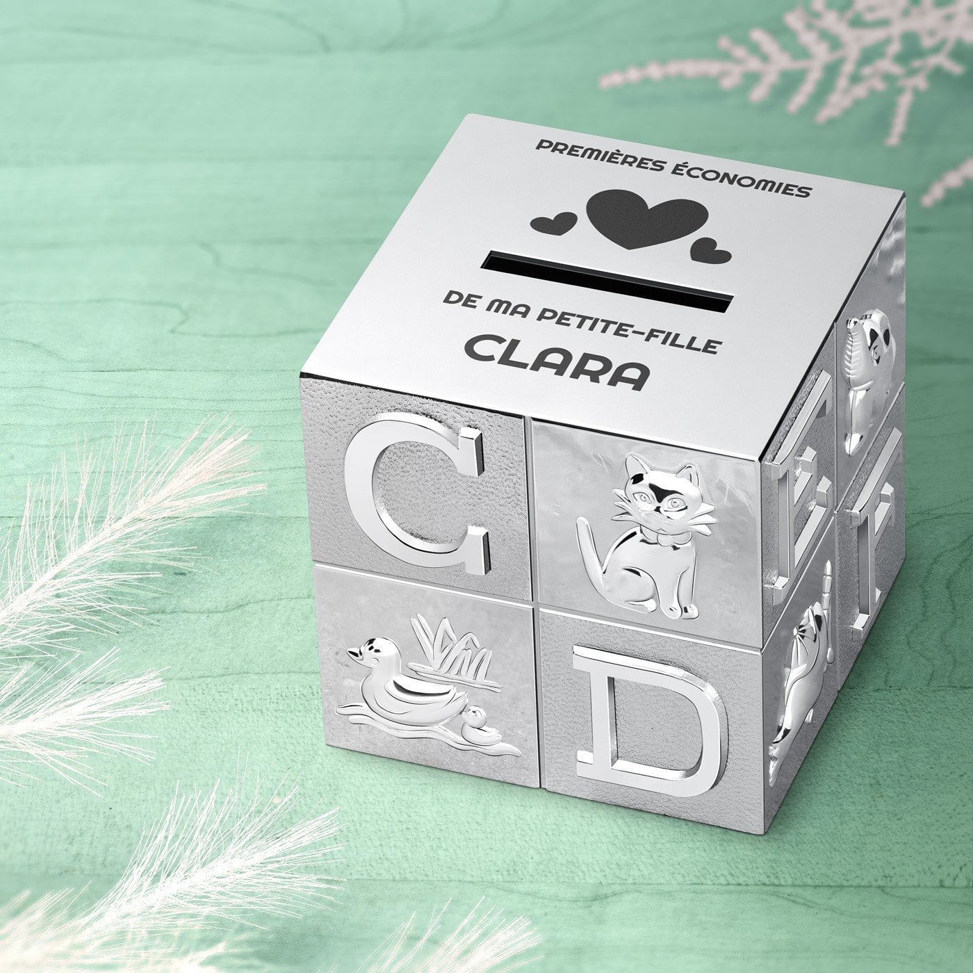 Tirelire en forme de cube en argent de Murrano avec personnalisation pour petite-fille